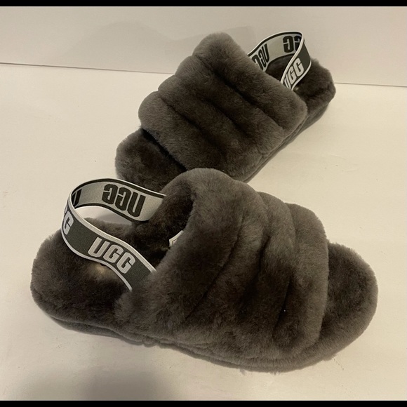 UGG Fluff Yeah Fur Slides Grey Slippers 7 - Picture 5 of 10